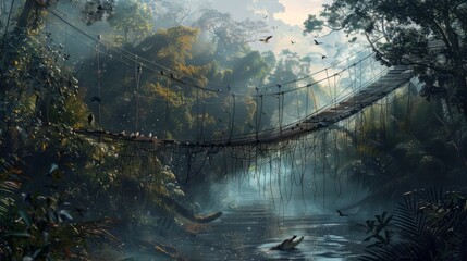 a rickety bridge over a river, it is surrounded by tall trees and exotic wildlife. Photorealistic, dark foreground, bright background. generated with AI