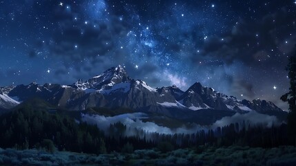 Serene Starry Night Sky Over Mountainous Landscape with Milky Way Galaxy and Glittering Stars, Perfect for Nature, Astronomy, and Outdoor Adventure Themes