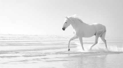 White horse galloping on beach with ocean in background