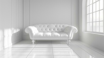 White leather sofa in white room with large window