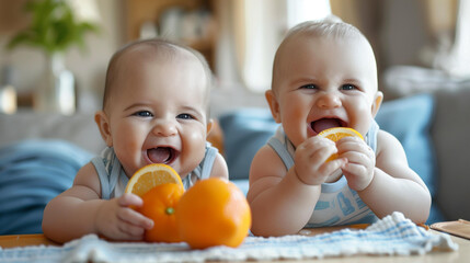 Two babies eating sour oranges making funny faces