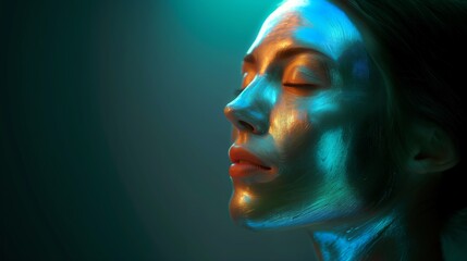 Obraz premium 3D Beauty Mask on Human Face with Holographic Effect, Side View, Ambient Lighting.