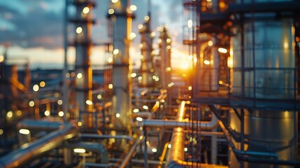 Pipes structures industrial facility with warm glow at sunset in background