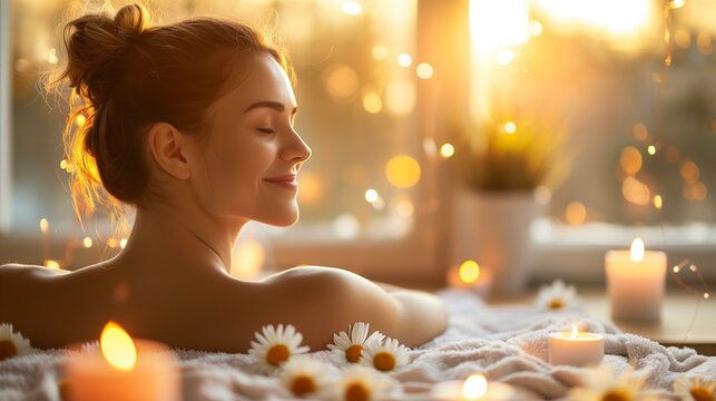 Relaxing in warm bath with candles flowers great way to recharge for week ahead