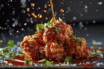 Delectable fine dining. Savoring succulent chicken with gourmet sauce