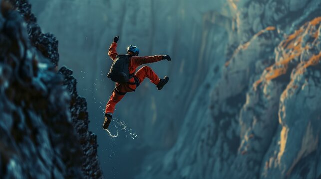 BASE jumping, man in red jumpsuit base jumping off cliff
