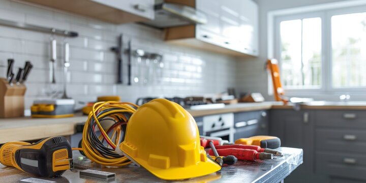 A well-equipped kitchen with DIY tools on the counter indicating home improvement work