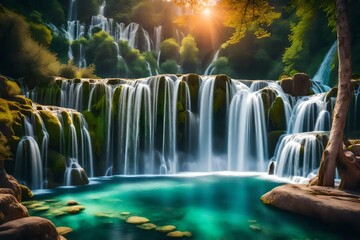 Amazing Scene of waterfall in the forest during sunrise.