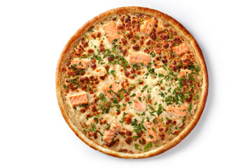 Italian browned seafood pizza with salmon, cheese and herbs