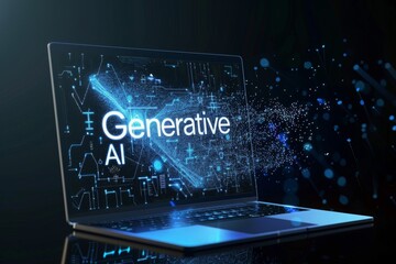 A laptop displays the term Generative AI surrounded by a futuristic, holographic digital design and glowing blue elements, highlighting advanced technology.