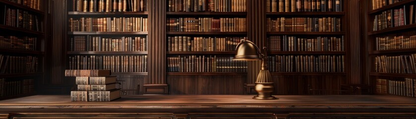 Vintage library with wooden shelves filled with books, a brass desk lamp, and a wooden desk creating a classic and scholarly atmosphere.