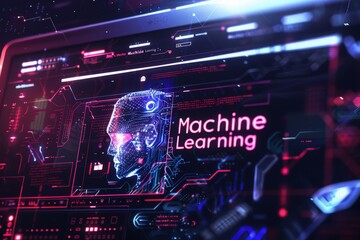 Obraz premium A computer screen showcasing the words machine learning in a cutting-edge holographic design.