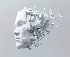 A face is shown with a lot of blocks scattered around it. Concept of chaos and destruction