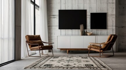 Living room interior mockup with carpet, chair, and curtain. Blank white concrete wall