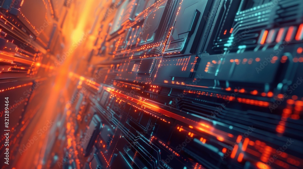 Poster the image is of a circuit board with orange and blue lights. the lights are in the shape of a circui