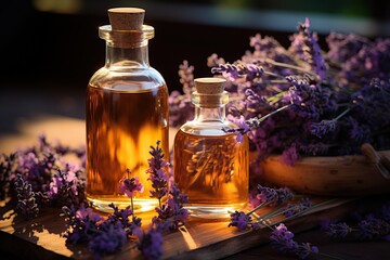 Lavender aroma oil in a glass jar with fresh lavender flowers.