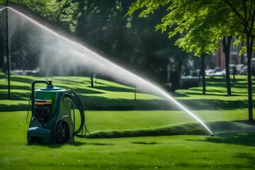Sprinkler spraying water on green grass.