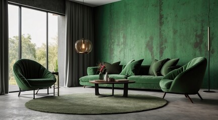 Living room interior mockup with carpet, chair, and curtain. Blank green concrete wall