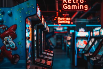 A row of colorful arcade machines lined up next to each other in a vibrant display of nostalgia and entertainment.