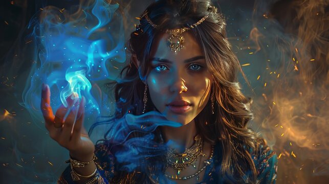 A beautiful magician holds blue flames in her hand, her long hair and gold jewelry flowing. She's a genie from Arabian legends.