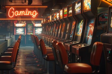 A nostalgic retro gaming arcade with rows of classic gaming cabinets illuminated by vibrant neon lights, evoking memories of the 80s and 90s.