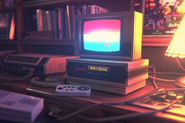 A vintage gaming console with a CRT monitor and controller on a wooden desk in a cozy, softly lit room filled with books and retro posters.