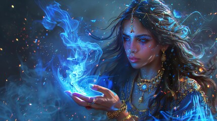 A beautiful magician holds blue flames in her hand, her long hair and gold jewelry flowing. She's a genie from Arabian legends.