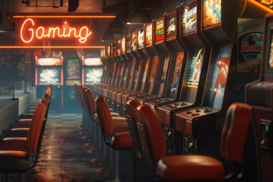 A nostalgic retro gaming arcade with rows of classic gaming cabinets illuminated by vibrant neon lights, evoking memories of the 80s and 90s.