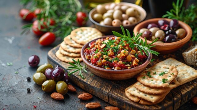 Aperitvo spread of rose, marcona almonds, olives, bread and crackers.