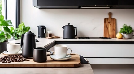 Kitchen island countertop with coffee set, modern kitchen background