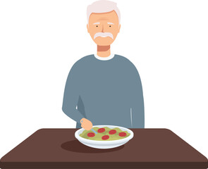 Senior man with a plate of healthy food in front of him, sitting alone at a table