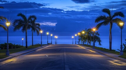 A serene island boulevard where streetlights blend with ocean bioluminescence, enchanting every passerby.