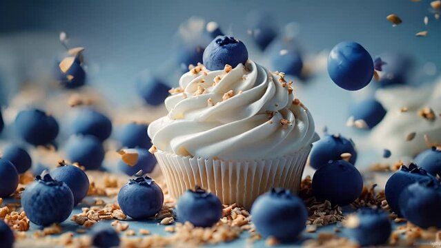 white cupcake with blueberries and sprinkles. 