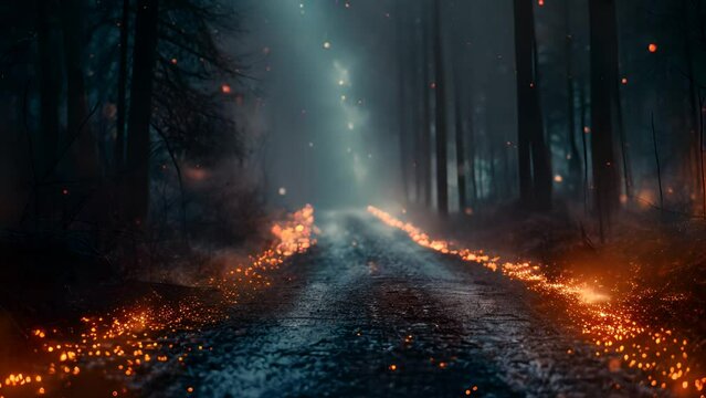 road in the dark magical forest with lights, fire and smoke. 