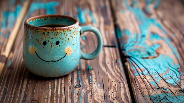 a cup of coffee with smile and coffee mug.