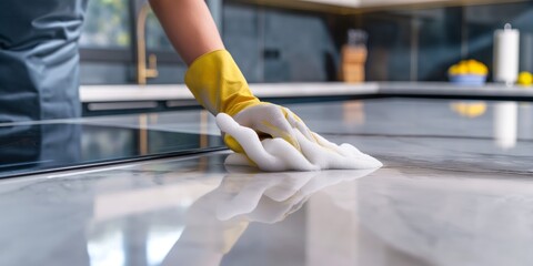 Close-up of a gloved hand wiping a marble kitchen countertop with a white cloth, signifying cleanliness