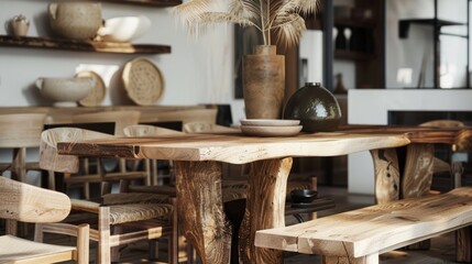 natural textures and rustic finishes of the furniture to highlight its beauty and boho style, dining room generative ai