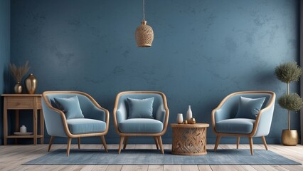 blue armchairs with wooden table on stormy blue boho interior home background