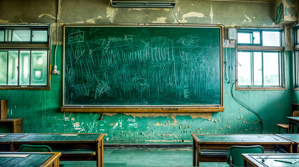Obraz premium A classroom with a green chalkboard and a few desks