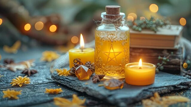 yellow potion bottle with pentacle star ornament, yellow candles and gemstones. 