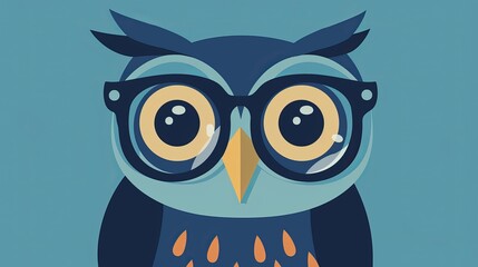 Obraz premium A blue owl wearing large glasses for clear vision. It's smart and has a flat illustration style.