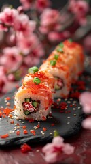 Sushi rolls, red background, with a little japanese style,  food illustration, generated with ai