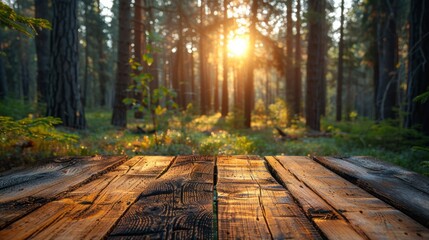 Beautiful blurred boreal forest background view with empty rustic wooden table for mockup product display. Picnic table with customizable space on table-top for editing.