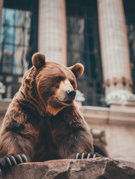 Brown Bear standing on daylight city street vertical AI generative image