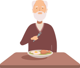 Illustration of an elderly man with a fork ready to eat a healthy breakfast plate