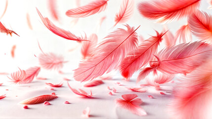 Group of pink feathers flying through the air with petals on the ground.
