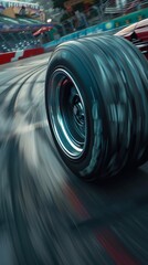 Closeup of a spinning wheel on a race car that is driving through a corner on a racetrack. film still, generated with ai