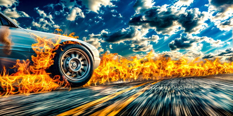 White car driving on road with lot of fire coming out of it. - Powered by Adobe