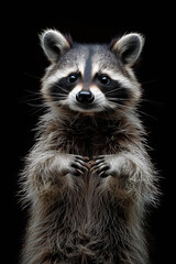Fototapeta premium Cute little raccoon standing on its hind legs with a playful expression isolated on a black background