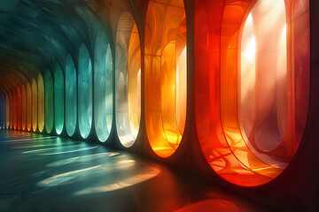 Stunning image of a futuristic corridor with colorful, translucent panels and soft lighting, perfect for modern design projects, architectural concepts, and creative backgrounds.